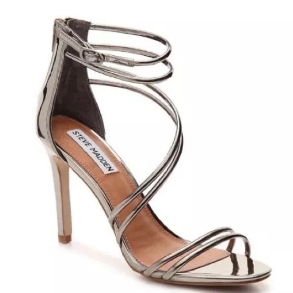 Steve Madden Fico Metallic Strappy Heels In Metallic Pewter - Size 7